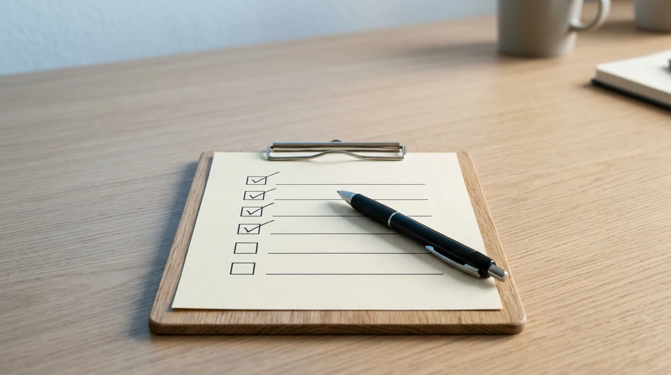 A wooden clipboard holding a checklist with a pen resting across it on a clean desk.