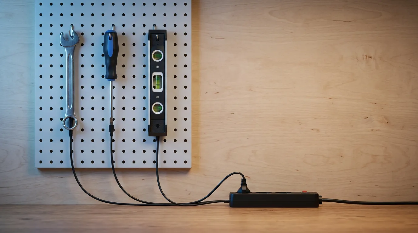 A neat home workshop pegboard holding several hand tools, each with a cable running down to a single power strip on the desk below.
