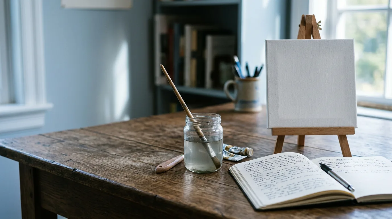 A writer's desk with an open handwritten notebook beside a small easel holding a blank canvas and a paintbrush resting in a jar.