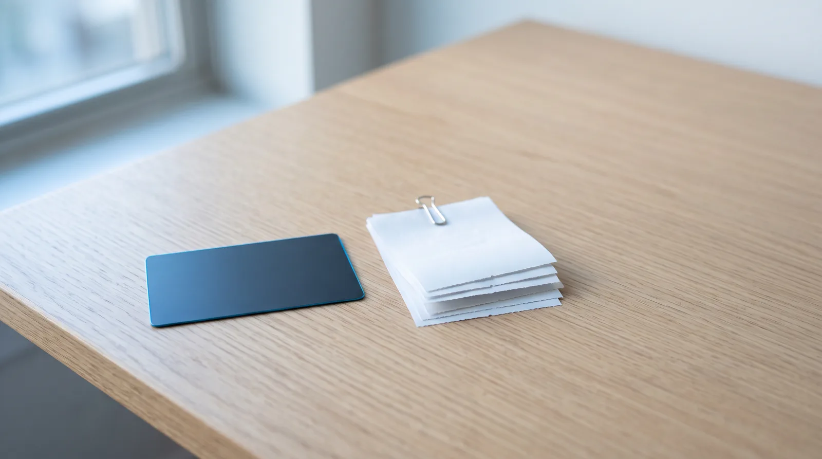 A single credit card resting beside a small stack of blank paper receipts on a clean desk.