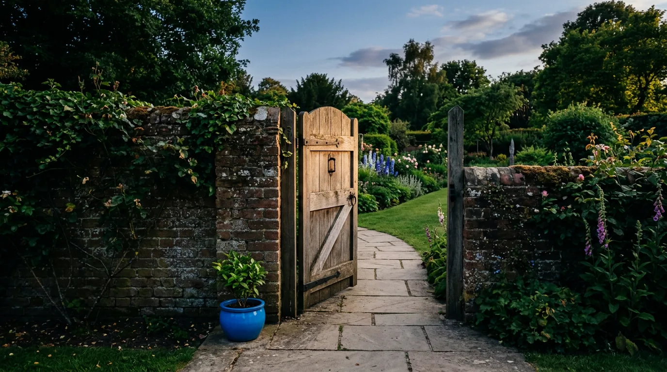A half-open wooden garden gate in an old brick wall with a green garden beyond it and a blue ceramic pot beside the gate