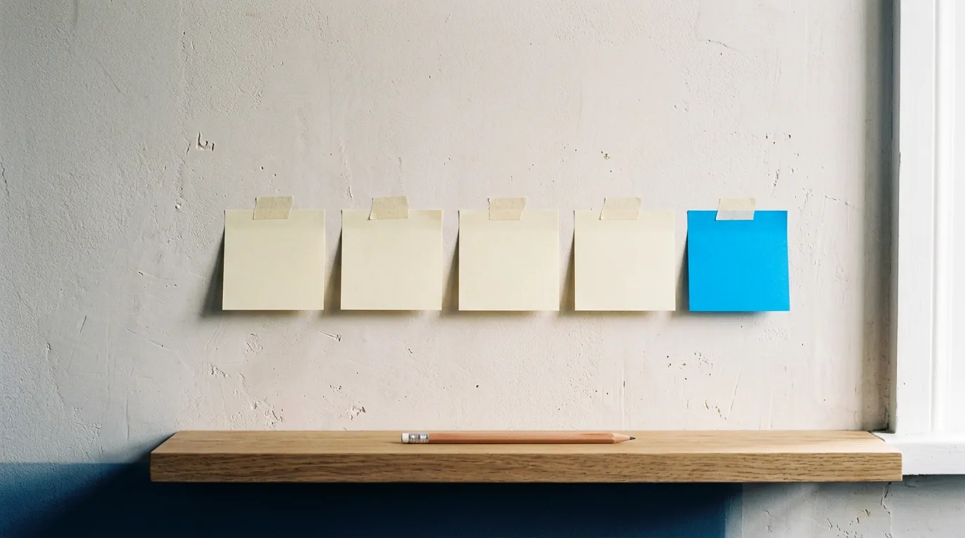Five blank sticky notes in a row on a plaster wall, four cream and one blue, standing in for a one week test of the best AI assistant