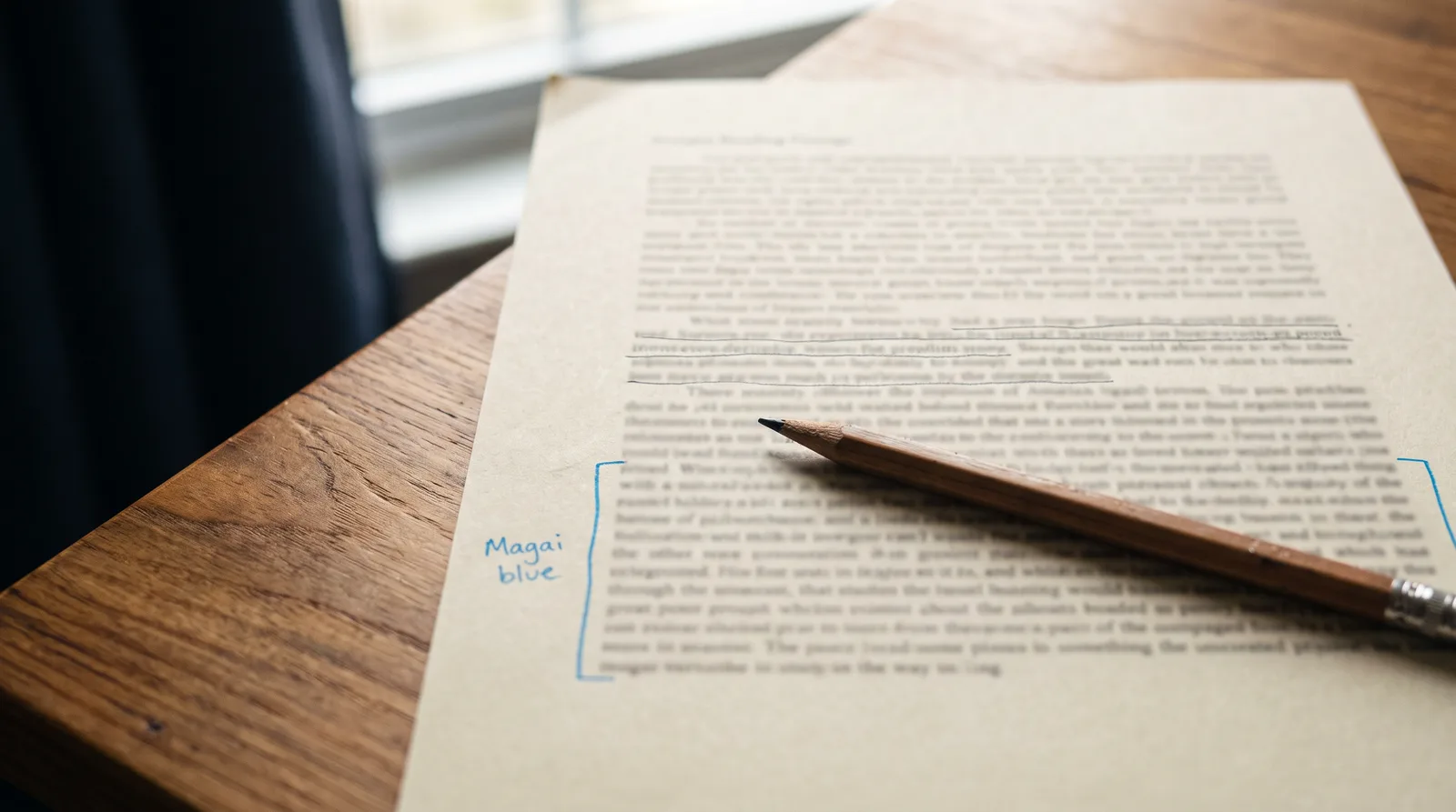 A printed reading passage on cream paper with three sentences underlined in pencil and one bracketed in blue ink, a pencil resting across the page