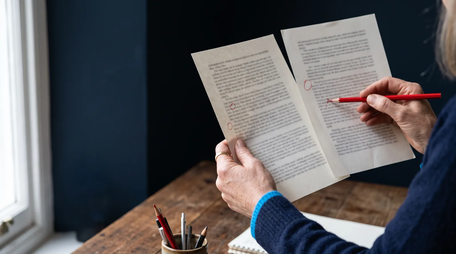 Two hands holding two printed pages side by side over a desk, one hand holding a red pencil, with a few circled marks on the pages