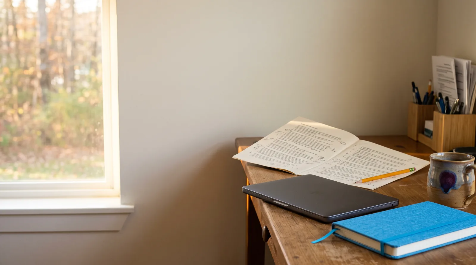 A teacher's desk in window light with a marked up reading, a blue notebook and a mug, the starting point for how to use AI for lesson planning