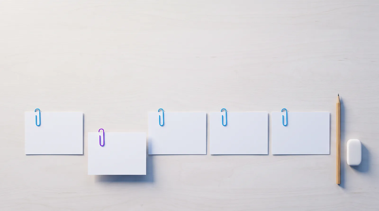 Five blank paper index cards laid in a row on a pale desk, each with a small paper clip, one card slightly forward of the others