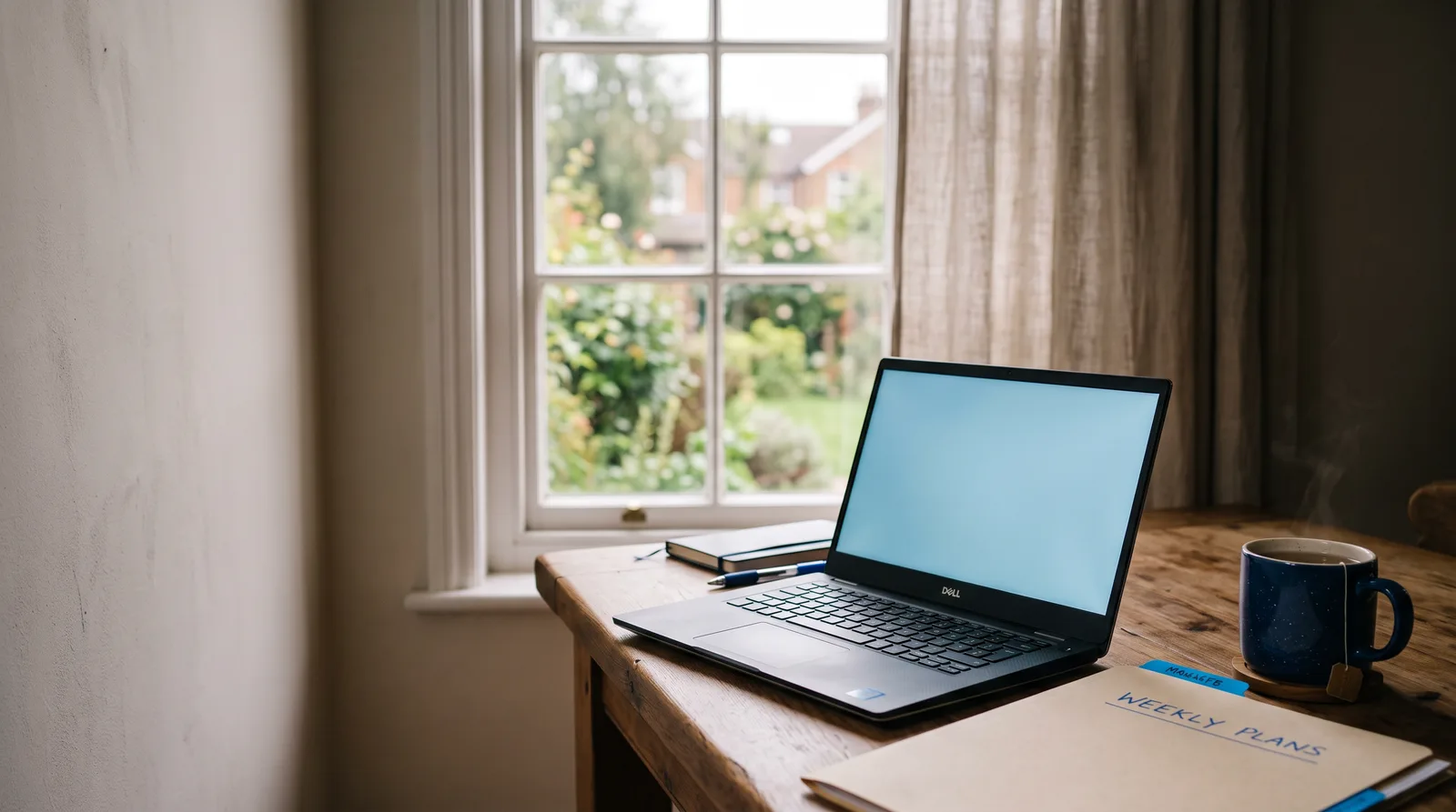 A laptop open on a kitchen table in soft window light beside a folder with a blue tab and a cup of tea