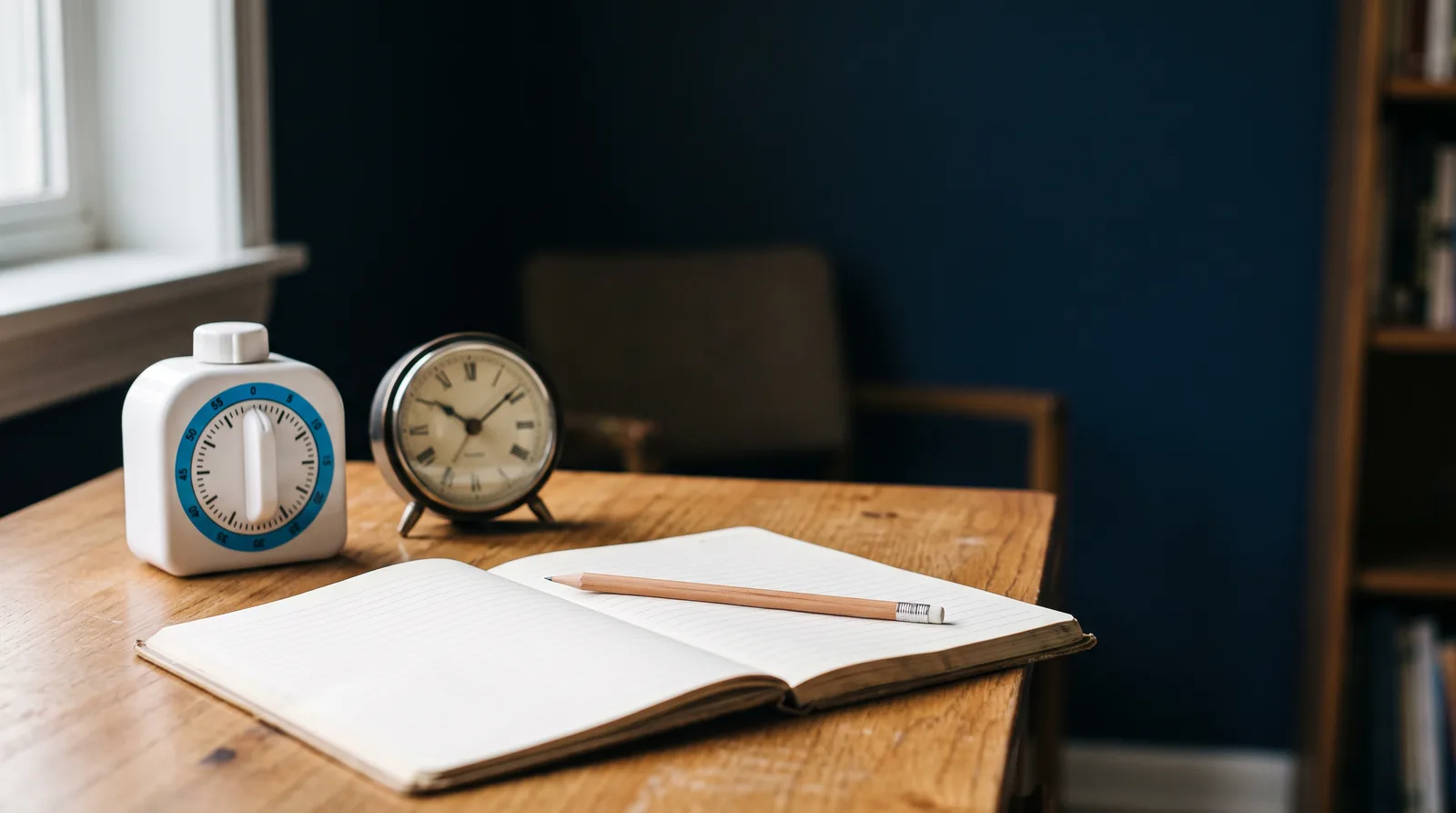 A white kitchen timer and a small desk clock beside an open lesson planner with blank ruled lines and a pencil laid across it
