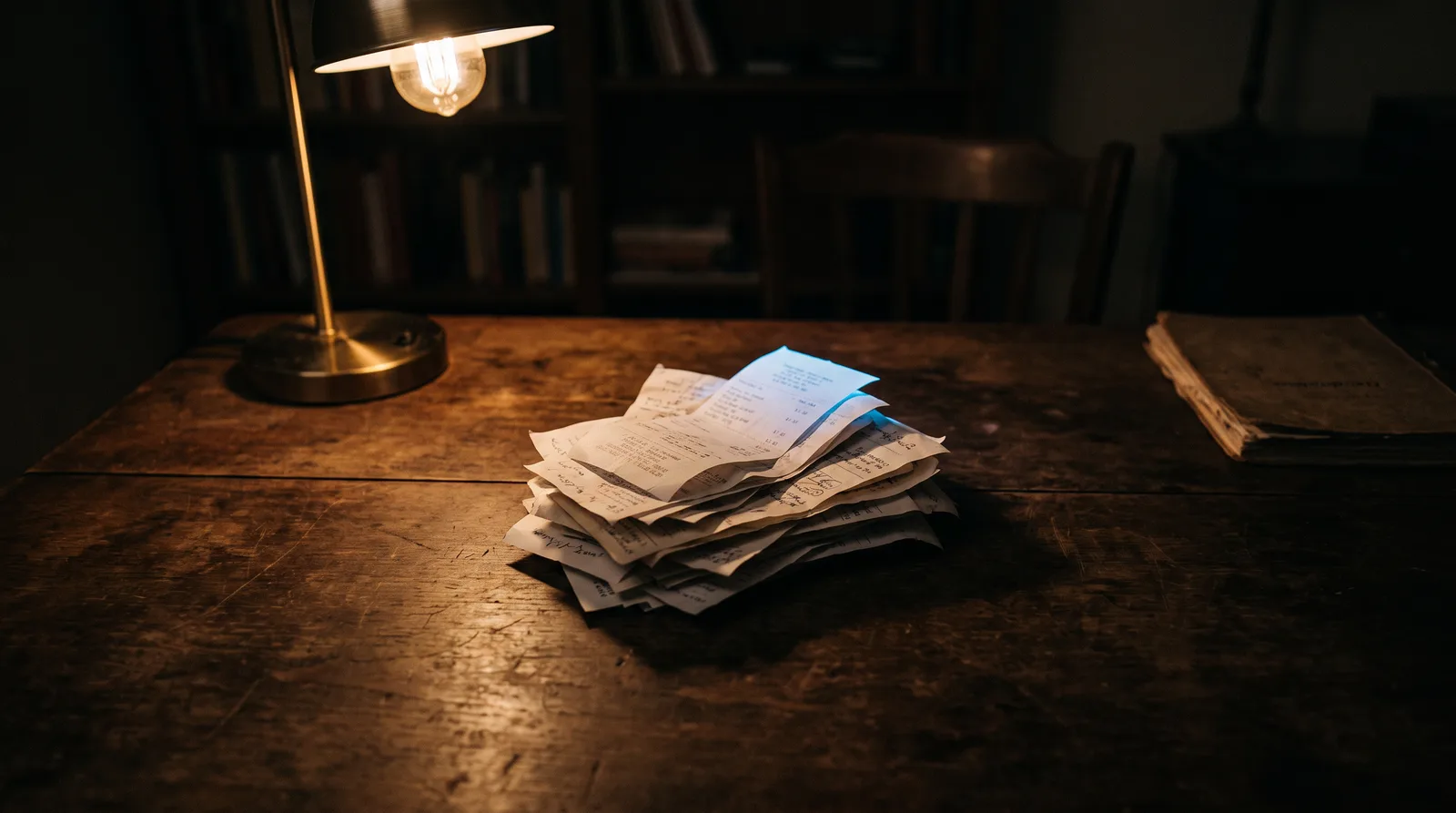 A short stack of paper receipts under a desk lamp, one edge catching a thin blue highlight, representing a month of separate AI subscription charges.