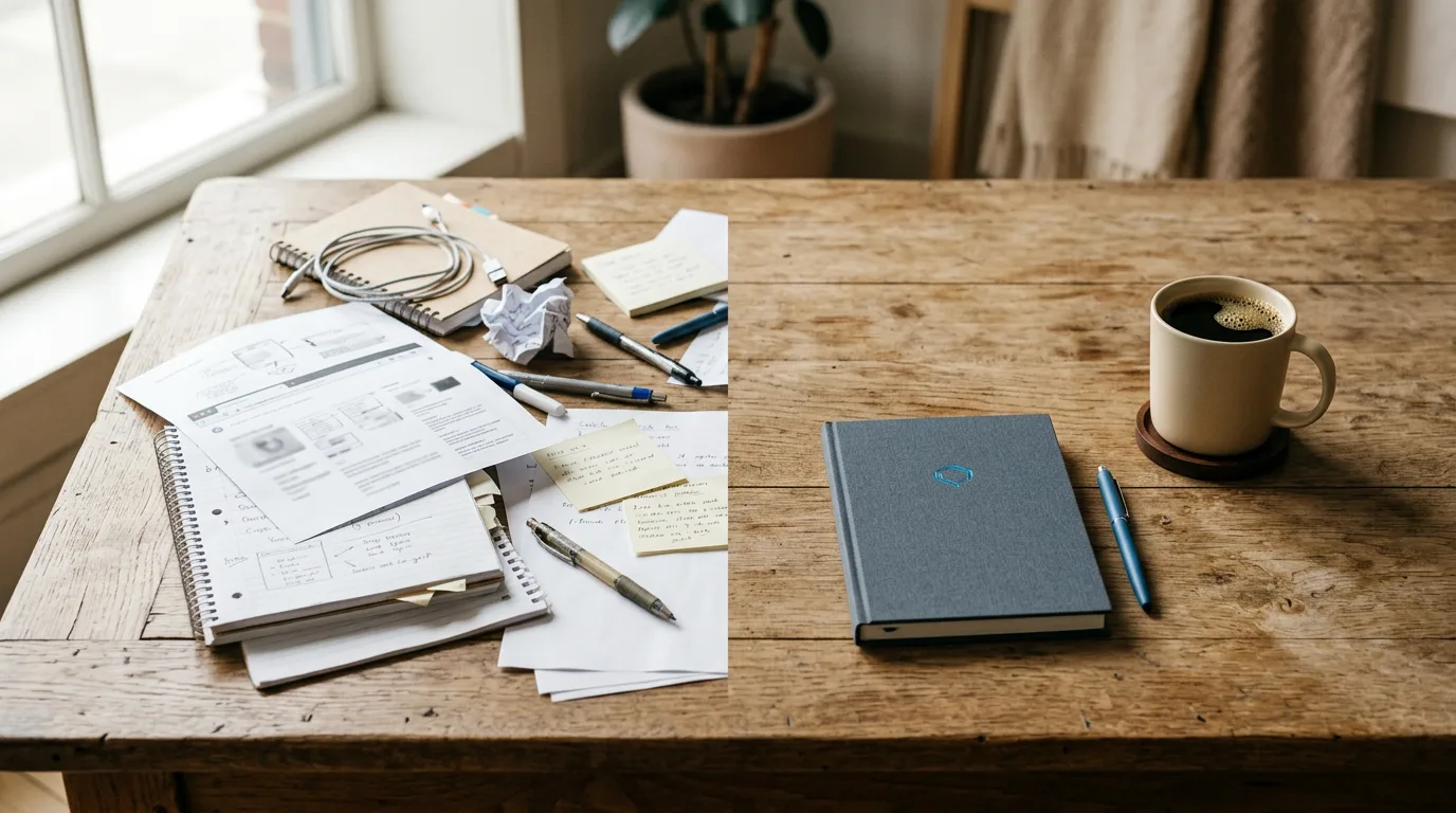 A cluttered desk of separate AI subscription tools on the left next to the calm, single screen of an AI bundle subscription on the right.