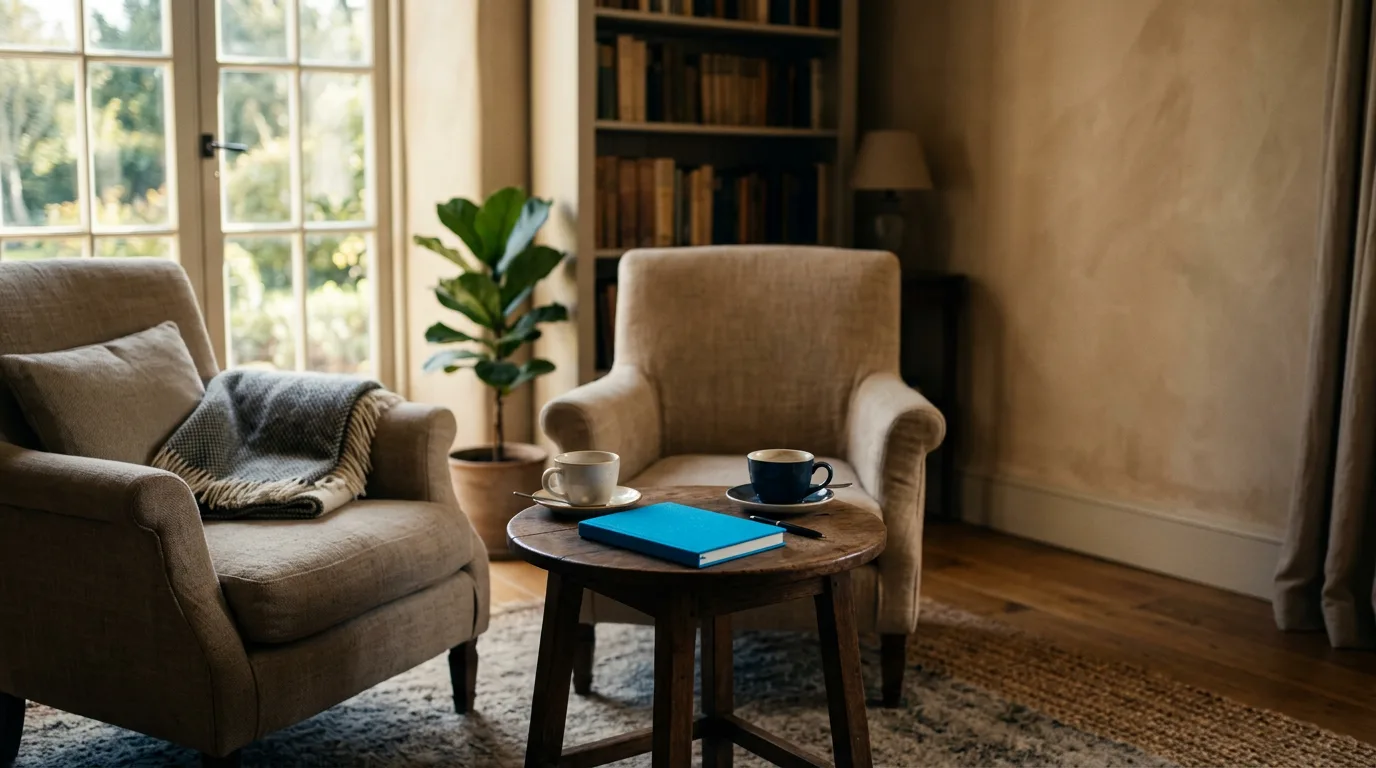 Two empty armchairs facing each other across a small round table with two coffee cups and a blue notebook in a sunlit room