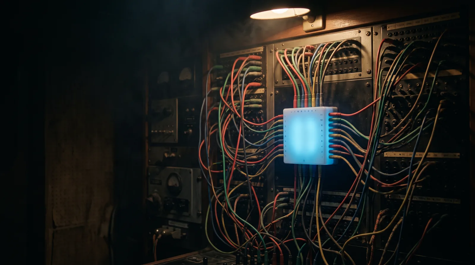 A single glowing blue junction gathers dozens of colored cables that would otherwise run to separate desks, standing in for what all AI tools in one website should actually look like.