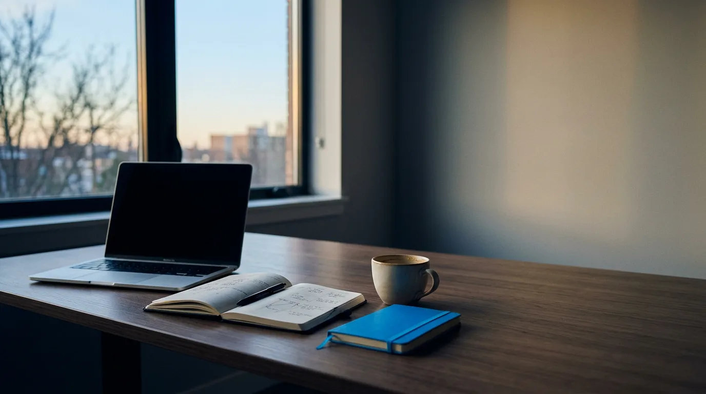 A wooden desk in morning light with a laptop, a planner, a coffee cup and a blue notebook, the setup for choosing the best AI assistant