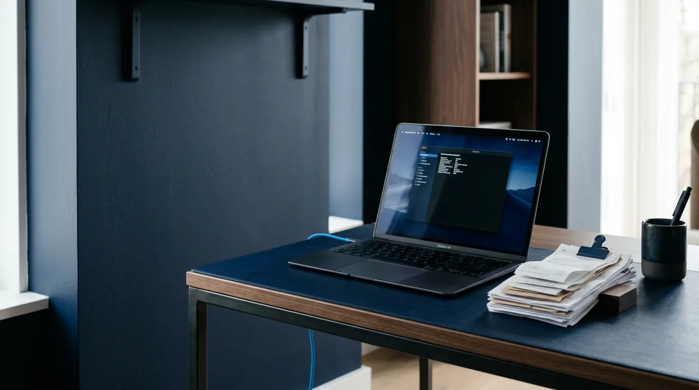 A minimalist desk with a laptop beside a stack of subscription receipts, representing the cost of paying for separate AI tools instead of one AI bundle subscription.