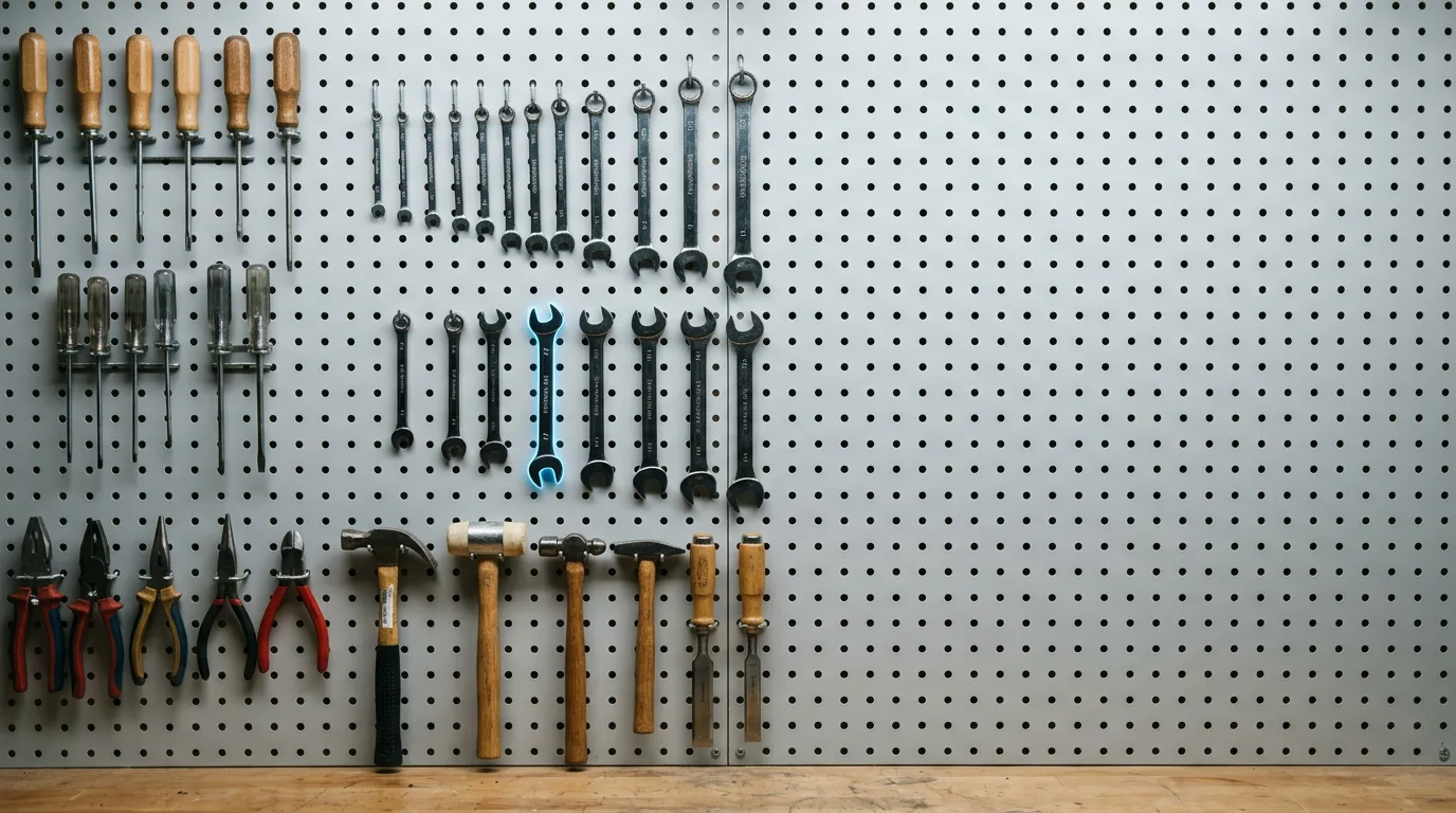 A clean workshop pegboard with neatly organized hand tools, one wrench lit with a cool blue accent