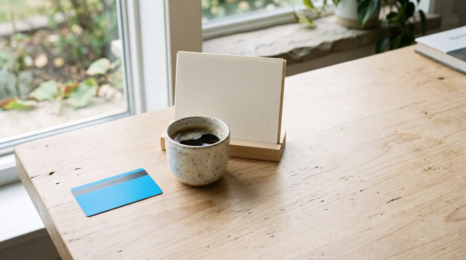 A single blue monthly pass card on a wooden desk beside a coffee cup and a blank calendar