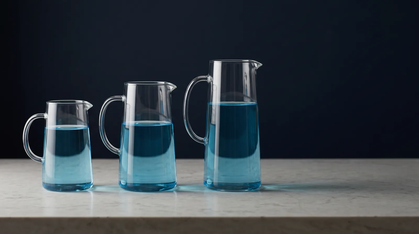 Three glass pitchers of increasing size filled with blue water on a counter, representing the three Pro usage allowances