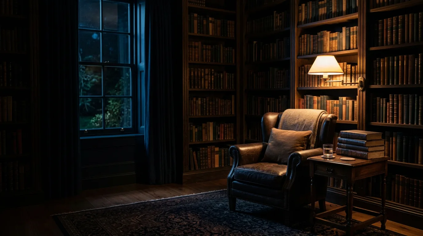 A quiet reading room with an empty armchair under a warm lamp, stacks of closed books nearby, representing Claude's slower, more deliberate approach to answering.
