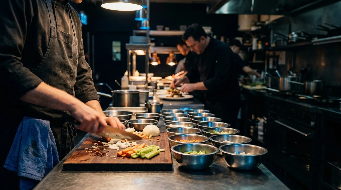 A prep cook's hands dicing vegetables into a row of small steel bowls while a head chef plates a dish in the blurred background of a dark kitchen