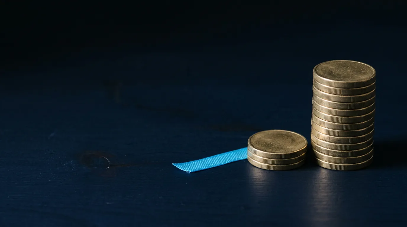 A tall stack of ten coins beside a short stack of one coin on a dark tabletop, with a thin blue ribbon by the short stack