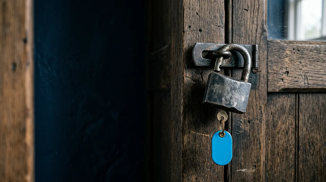 A steel padlock with its shackle slightly open on a wooden cabinet door, a blank blue tag hanging from it