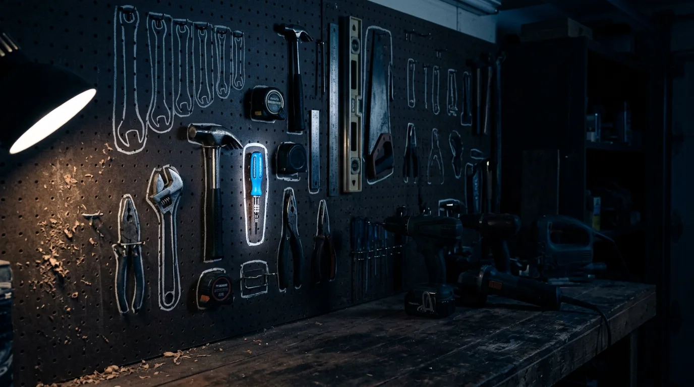 A pegboard wall of hand tools at night with one small screwdriver lit by a blue handle while large power tools sit in shadow