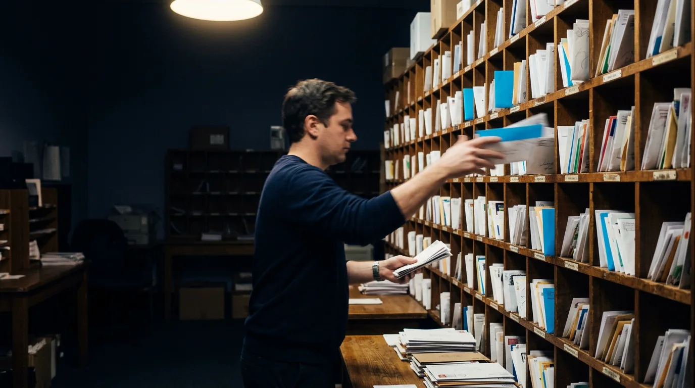 A person's hands flicking envelopes into a wall of wooden pigeonhole slots, hundreds already sorted, in a dim mail room