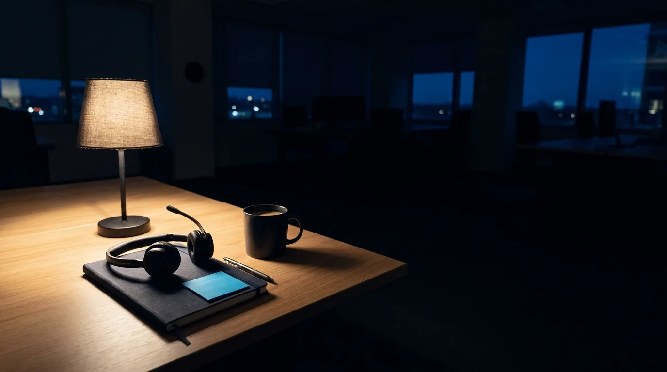 A support headset resting on a closed notebook beside a mug under a single desk lamp, with a blank blue sticky note on the notebook