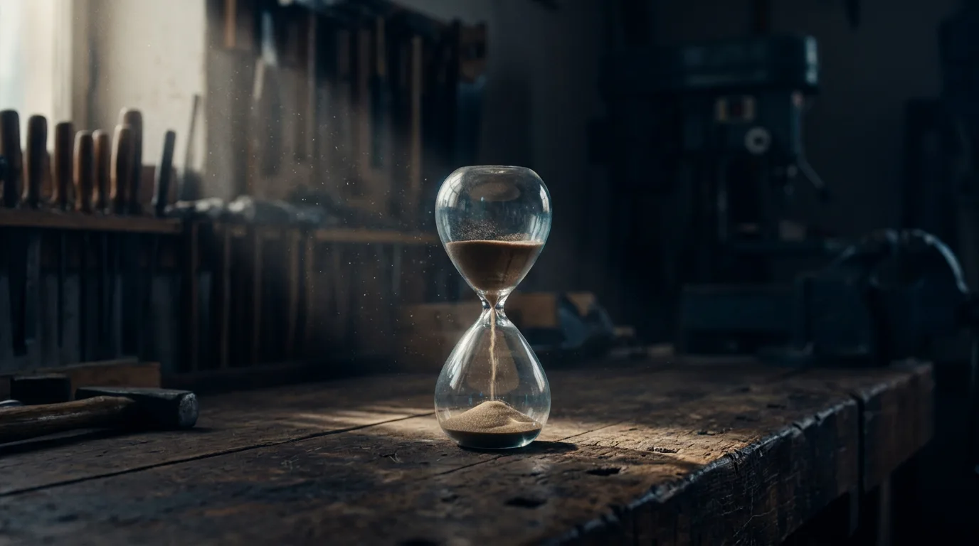 An hourglass on a wooden workbench catches a shaft of window light, sand caught mid-fall.