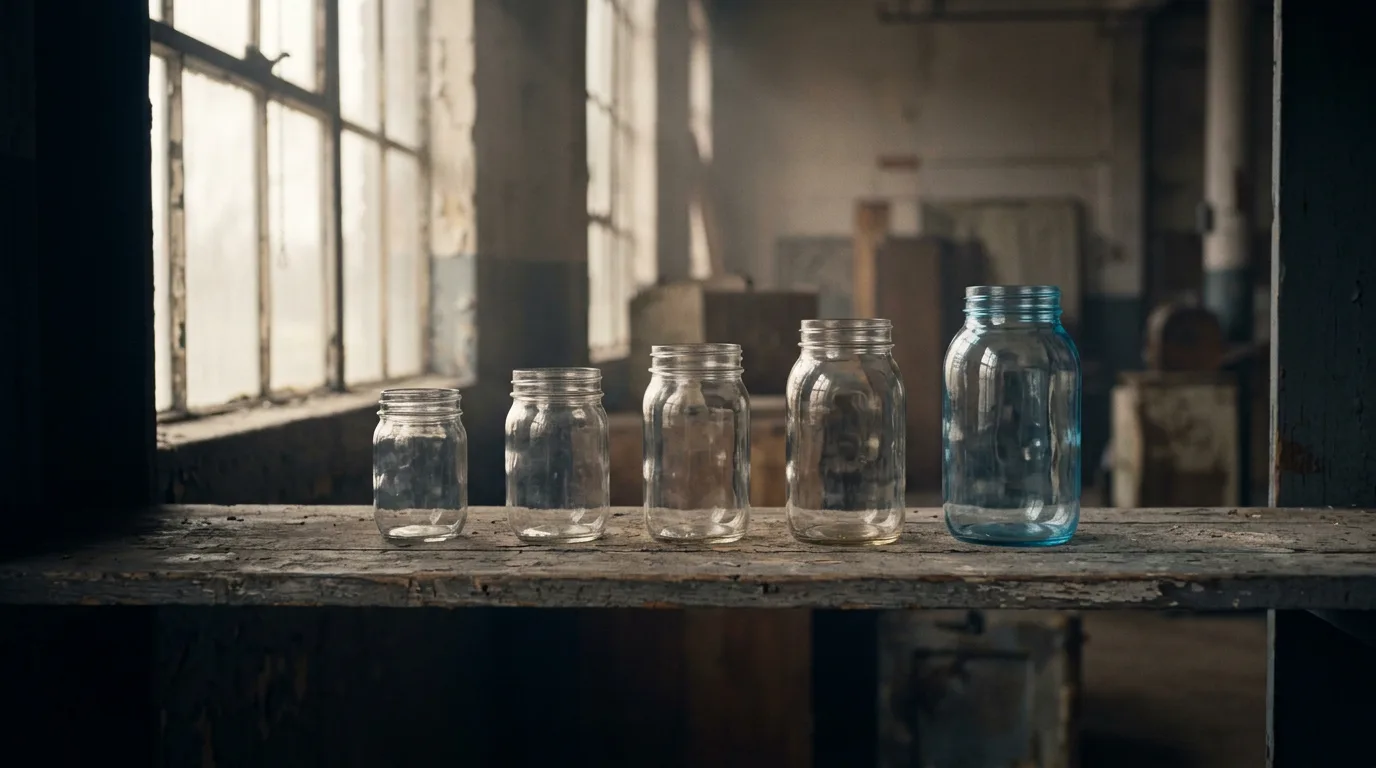 Five glass jars of increasing size stand in a row, catching morning light on a wooden shelf in a quiet warehouse.