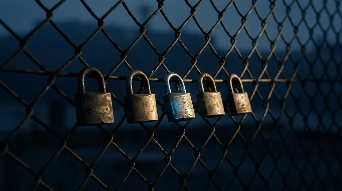 A row of five old padlocks hangs from a chain-link fence in late afternoon light, each one slightly different with wear.