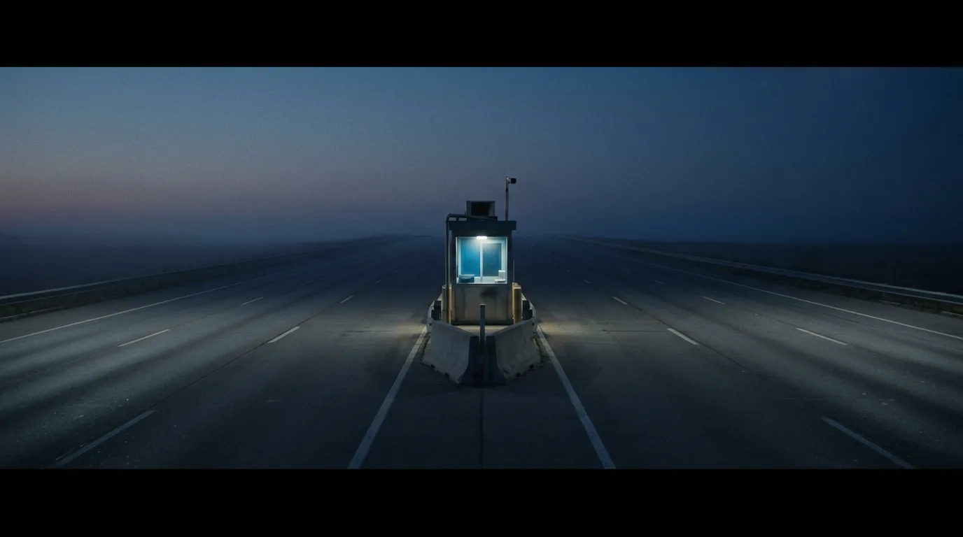 A single lit toll booth stands alone on an empty multi-lane highway at dusk, the road stretching empty toward the horizon.