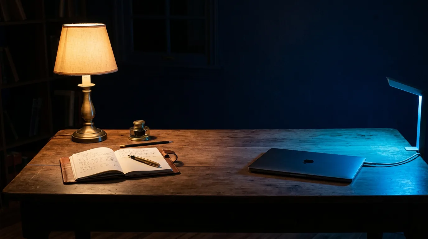 A desk lit from two directions, warm light on one side and cool blue light on the other, meeting in the middle: two different jobs, not one winner.