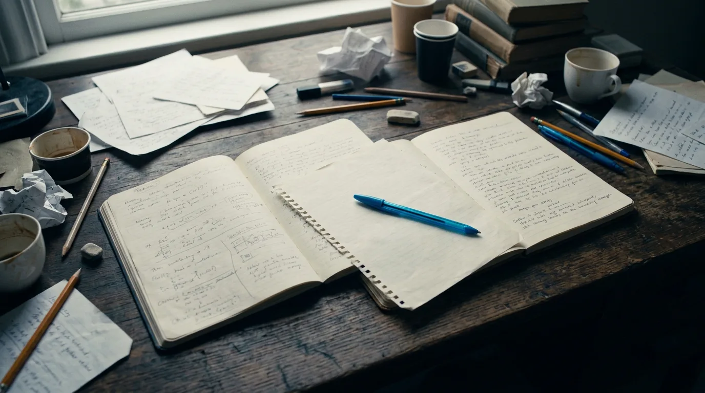 Two open notebooks on a cluttered desk with a torn page shifted from one onto the other.