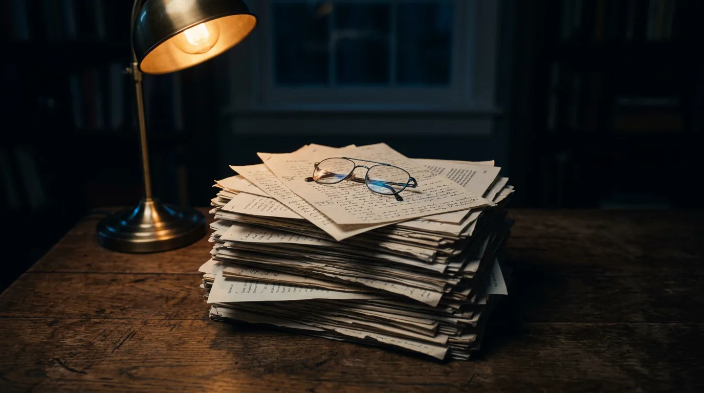 A thick stack of loose printed and handwritten pages under a single desk lamp at night, with reading glasses resting on top.
