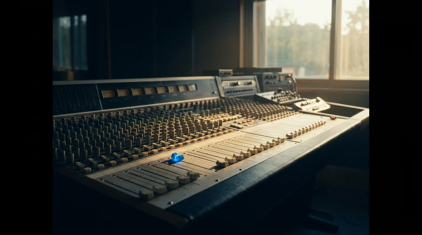 A single analog mixing board with many channel faders, one fader raised and lit by a warm accent light.