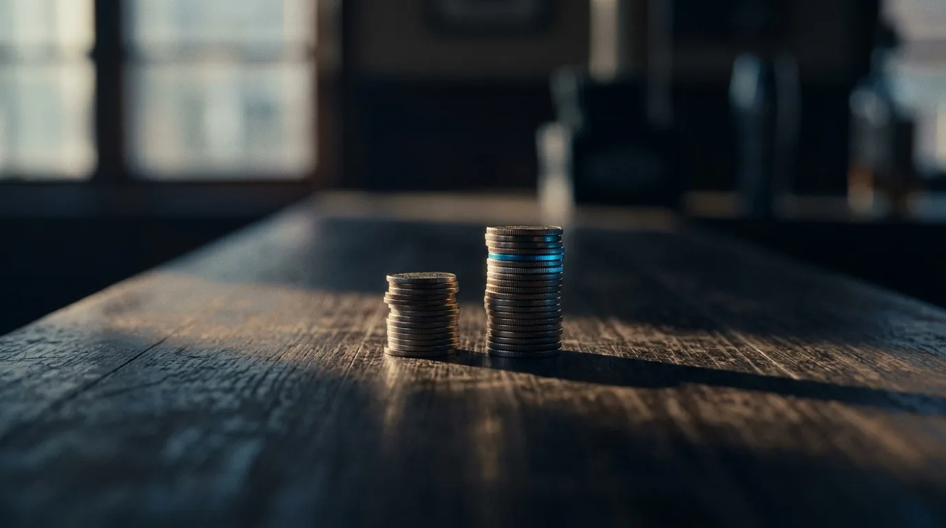 Two stacks of coins on a wooden counter in morning light, one stack noticeably taller than the other.