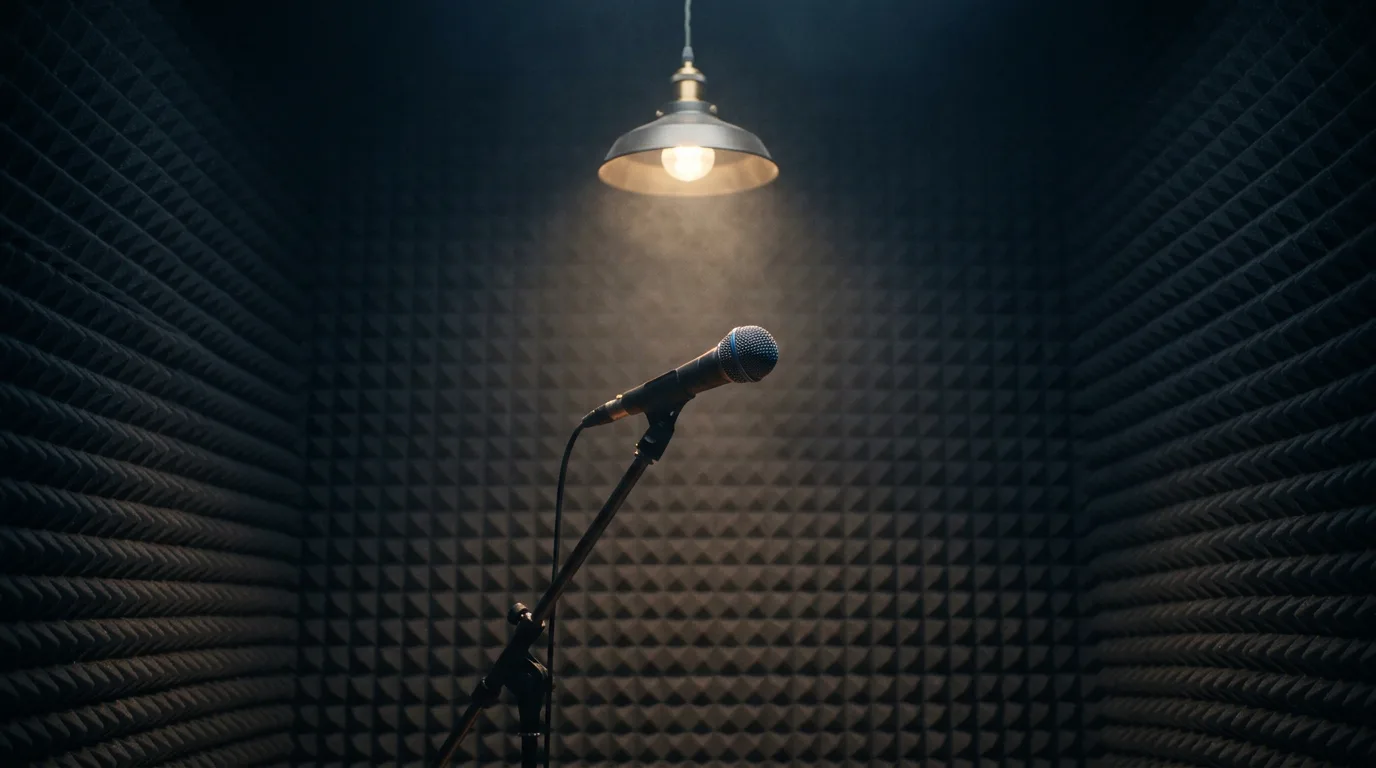 A single microphone on a stand in an empty recording booth, lit by one warm spotlight from above.