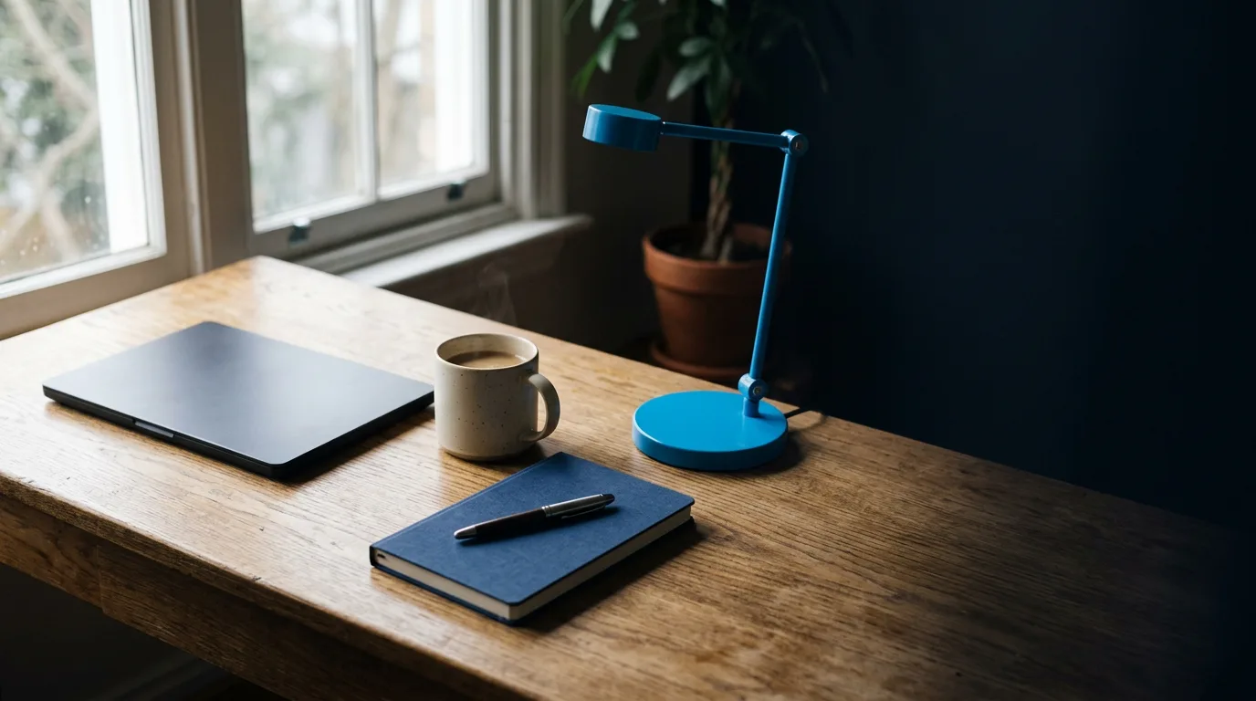 A cleared wooden desk in early morning light with a closed laptop, a mug and a navy notebook