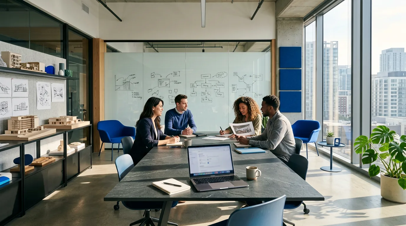 A modern team workspace showing collaborative planning boards and digital strategy documents.