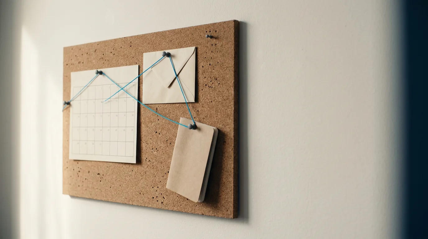 A cork pinboard with a paper calendar, an envelope and a notebook connected by a single taut blue thread