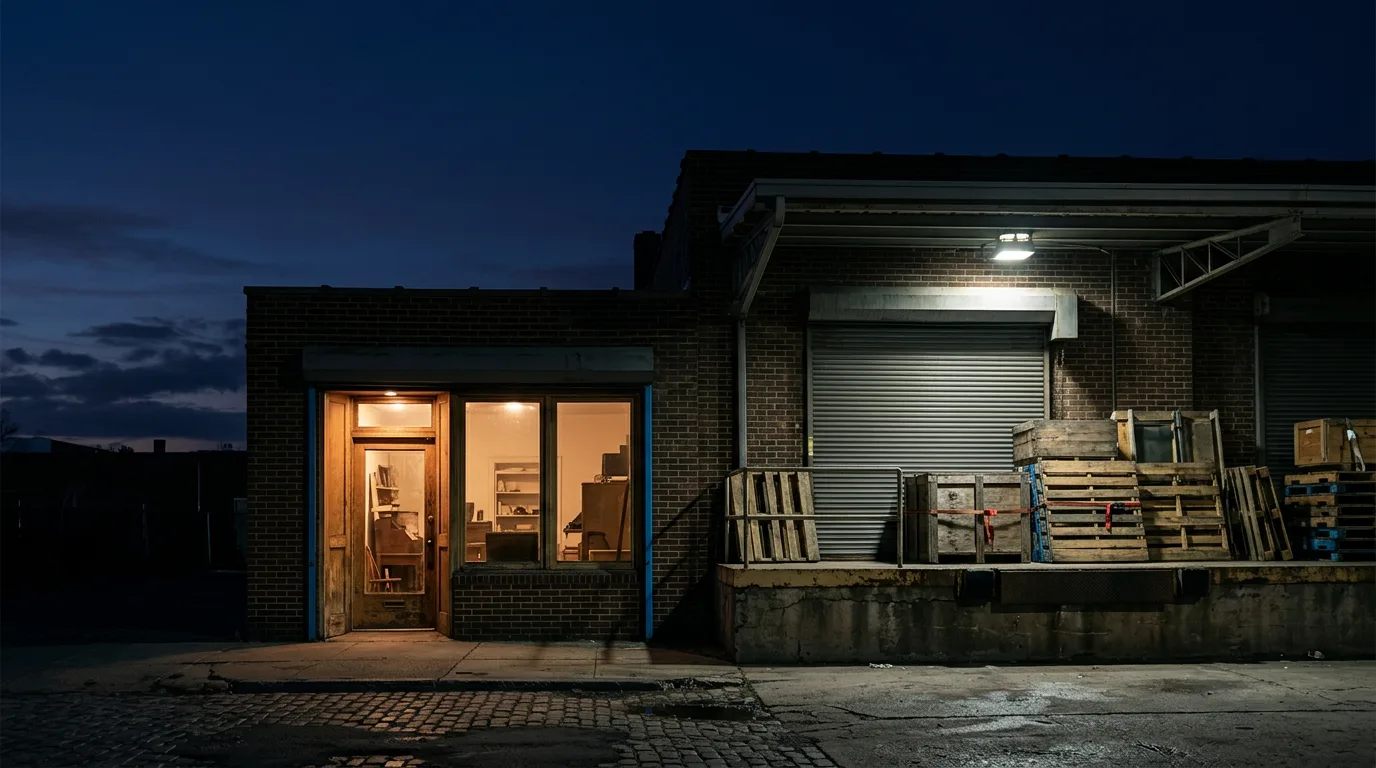 DeepSeek vs ChatGPT pictured as a lit storefront beside a warehouse loading dock with stacked pallets at dusk