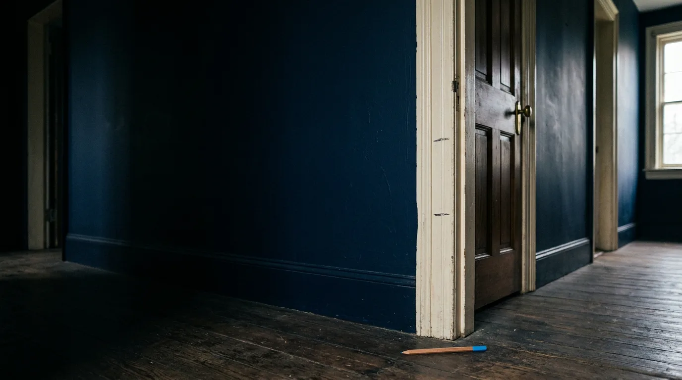 Two pencil height marks on a painted door frame, one slightly above the other, with a pencil on the floor below