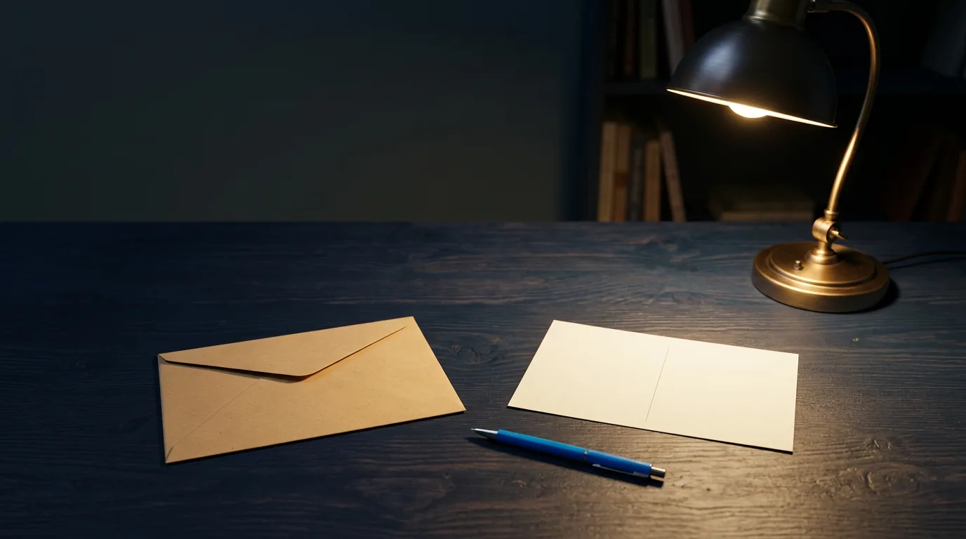 A sealed paper envelope beside an open blank postcard on a dark desk under a desk lamp