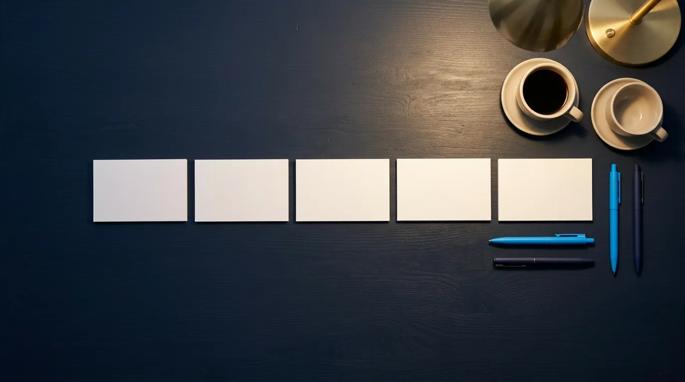 Five blank index cards in a row on a dark desk with two coffee cups and two pens