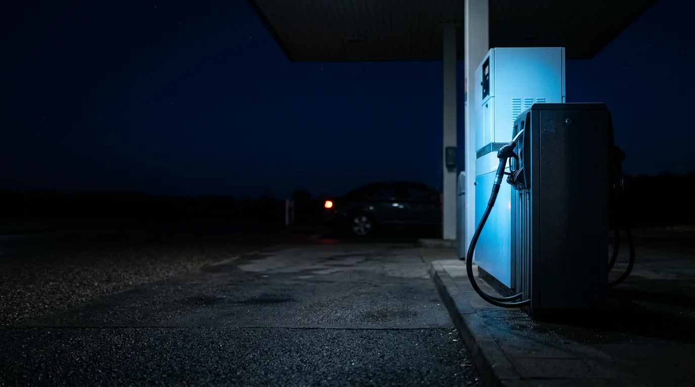 A fuel pump nozzle in its holster at a quiet gas station at night, with a car blurred in the background