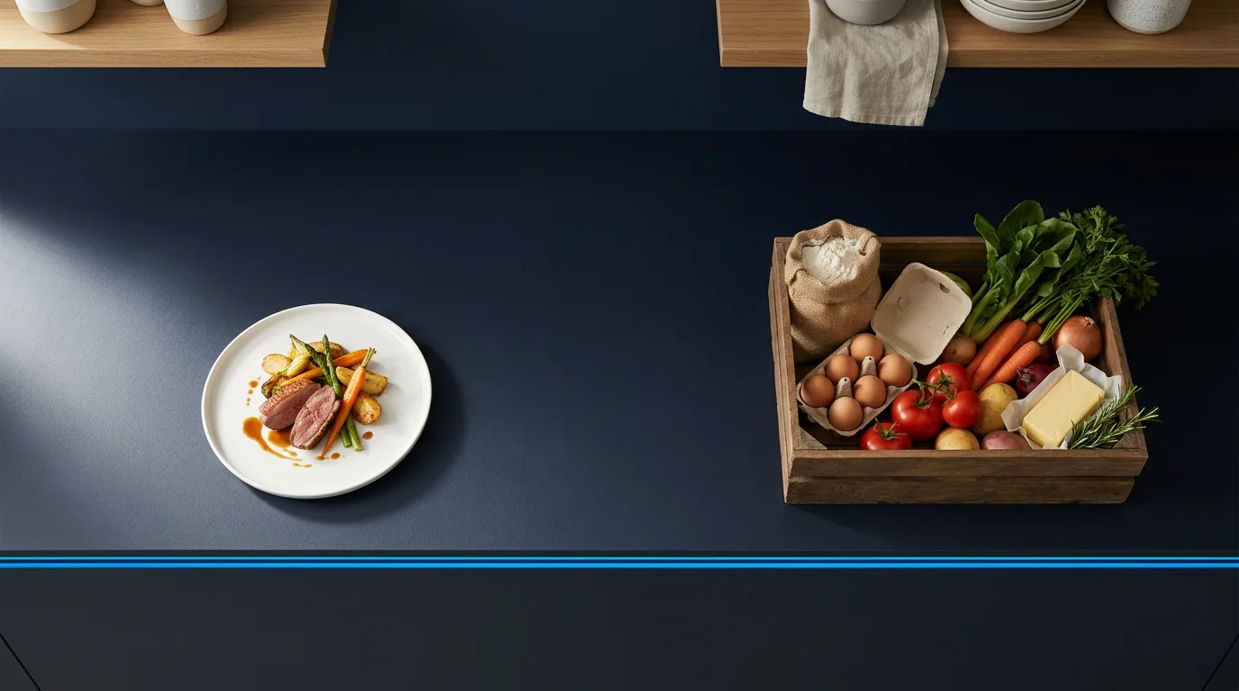 DeepSeek vs ChatGPT as a finished plated meal beside an open crate of raw ingredients on a dark counter