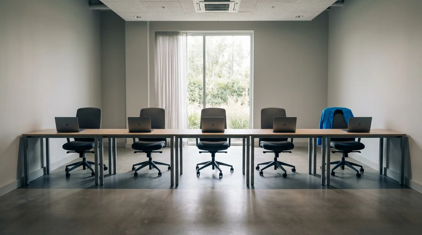 Five identical empty office desks in a row, each with a closed laptop, and a blue jacket draped over the chair at the fifth desk