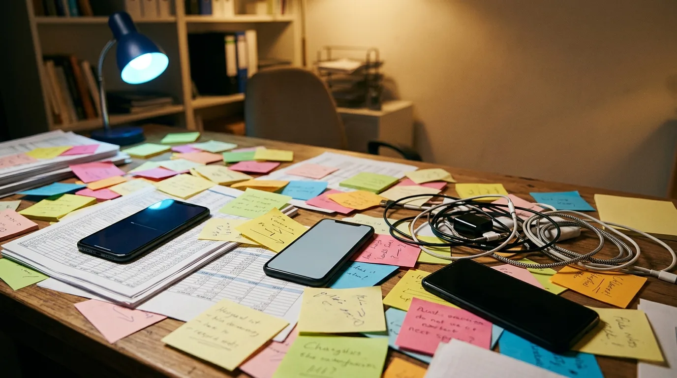 A cluttered desk with scattered sticky notes, printed spreadsheets, and separate phones showing blank app screens, representing the fragmented tools teams juggle before they automate social media with MCP.