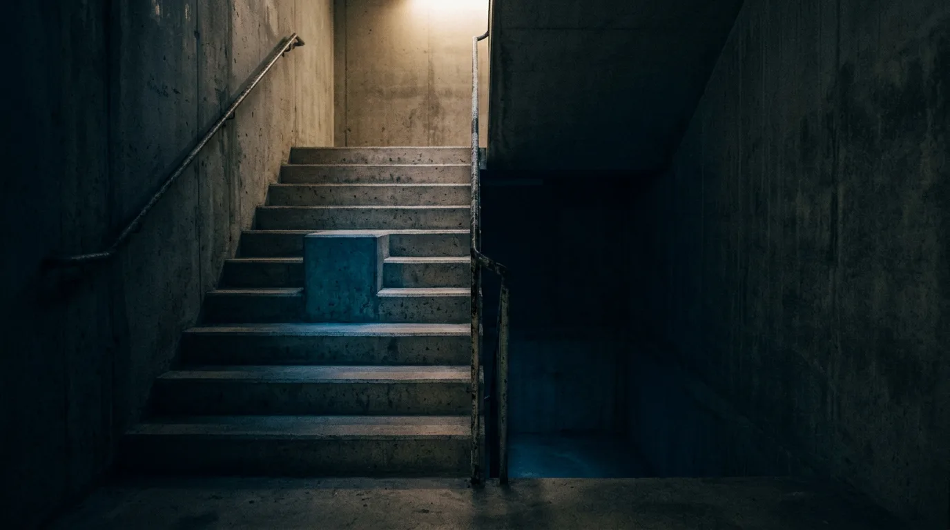 A concrete stairwell with one step twice as tall as the rest, lit from above